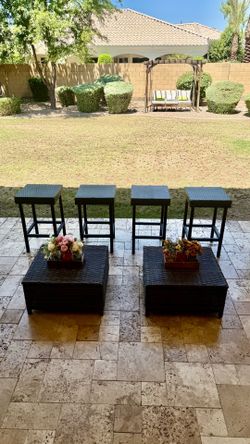 (4) Outdoor Patio 24" Wicker Resin Bar Stools and (2) Ottomans