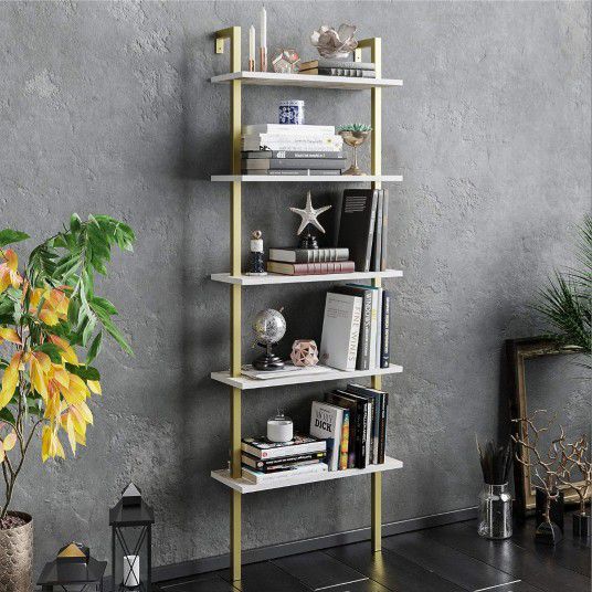5-Shelf Modern Bookcase, Open Wall Mount Ladder Floating Bookshelf with Industrial Metal Frame (White Marble Gold, 24'' Wide)