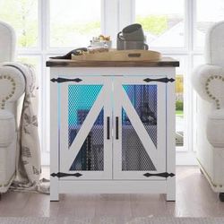 New Farmhouse End Table/ Nightstand with LED Light & Charging Station, Mesh Barn Door,