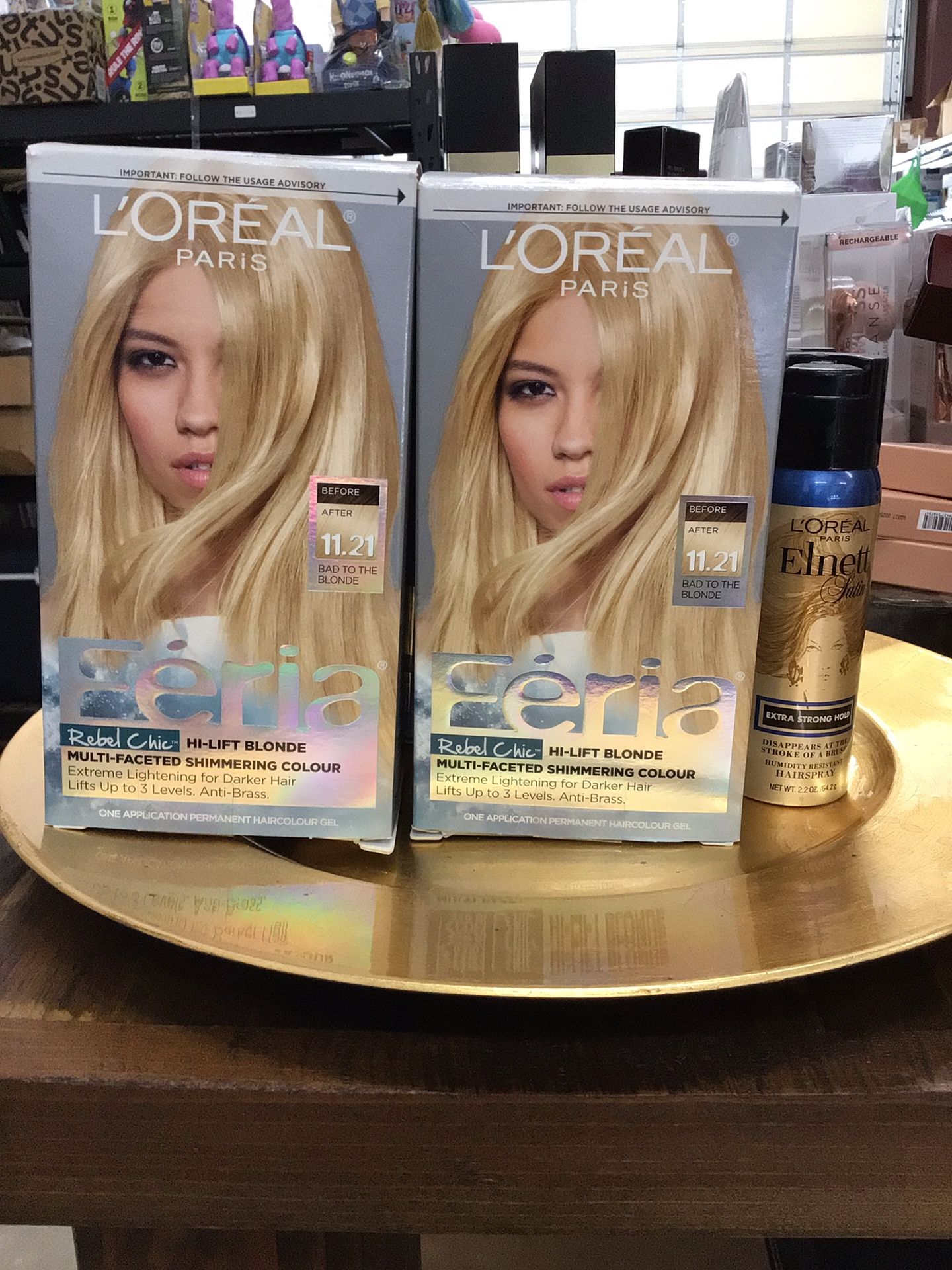 l'oréal high lift blonde multi faced shimmering colour dye//l'oréal elnette latin extra strong hold humidity resista hairspray