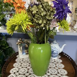 Large Green Apple Vintage Vase With Flowers 