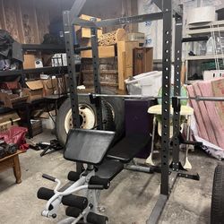 weight lifting setup with weights and dumbbells 