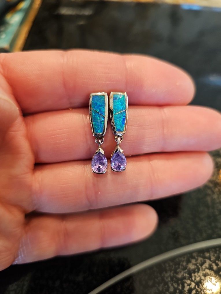 Earings - Opal And Amethyst - Very Pretty - Nice Stones