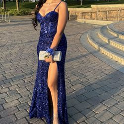 blue sequins corset prom dress