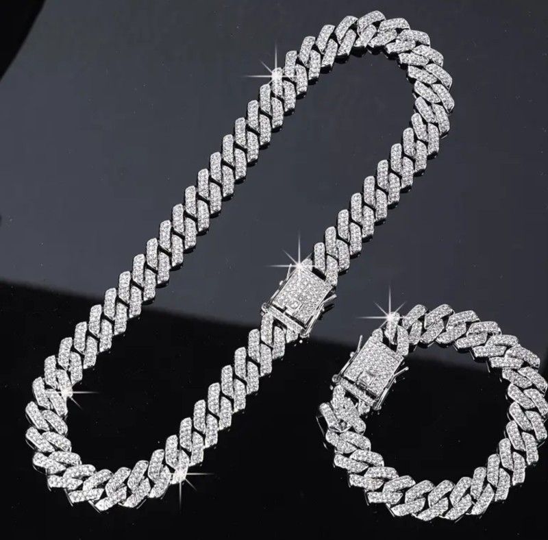 2 Pcs Men's FULLY ICED Miami Cuban Link Chain 14K Gold Plated Cubic Zirconia 24 Inches Necklace & Bracelet Set