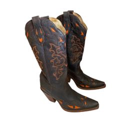 Corral Rudel Tall Leather Boots Inlay Heel Cowgirl Snip Toe Black and Orange 10