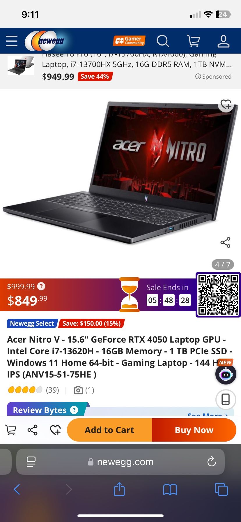 Acer Nitro V - 15.6" GeForce RTX 4050 Laptop GPU - Intel Core i7-13620H - 16GB Memory - 1 TB PCIe SSD - Windows 11 Home 64-bit - Gaming Laptop - 144 H