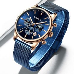 New! CRRJU Men's Blue Watch Auto Date Chronograph Waterproof Watch w Mesh Strap