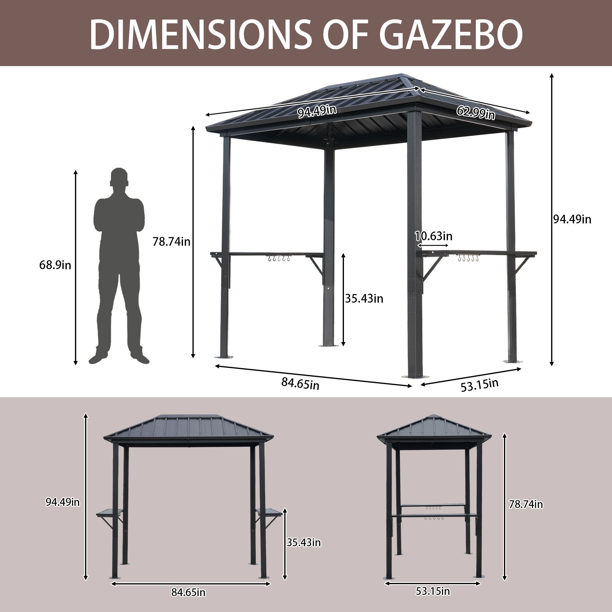 Grill Hardtop Gazebo 5x8 - Outdoor Metal Hardtop BBQ Gazebo, Permanent Galvanized Steel Pavilion with Sturdy Aluminum Frame & Shelves for Patio, Backy