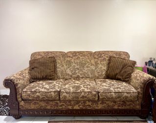 Pair of Traditional Carved Wood Fabric Sofas - Matching Set