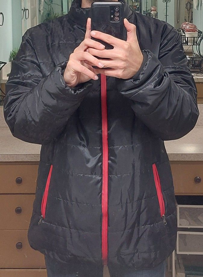 Warm Red & Black Puffy Men's Winter Jacket (L)