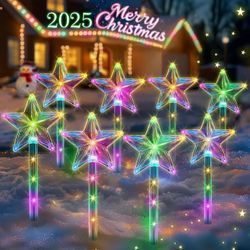 Solar Christmas Decorations Outdoor: 8 Pack Colorful Star Christmas Lights with 8 Modes, Christmas Solar Lights Waterproof, Christmas Outdoor Decorati