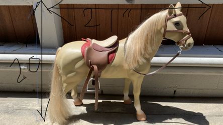 Vintage Plastic Horse W/ Real Leather Saddle 20” Tall, 21” Width