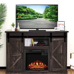 48 Inches Rustic Brown Barn Door Style Tv Media Stand With Storage 