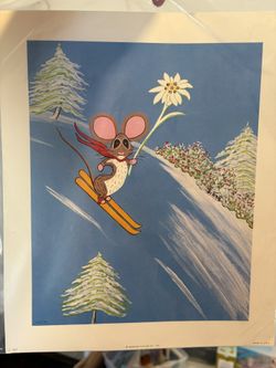 Vintage Print Mouse Skiing 60s