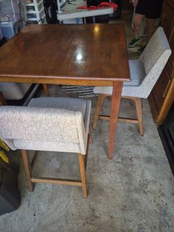 Bar height wood table and two stool set
