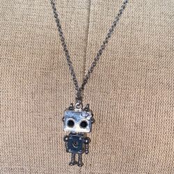 24” silvertone metal chain necklace hanging robot pendant rhinestone Good·NO LABEL 