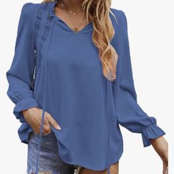 Womens Tops Dressy Casual 2023 Embroidered V Neck Drawstring Puff Long Sleeve Shirts Loose Fit Tunic Chiffon Blouses