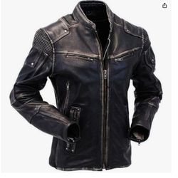 Men Distressed Black Vintage Biker Leather Jacket, XL *NEW*