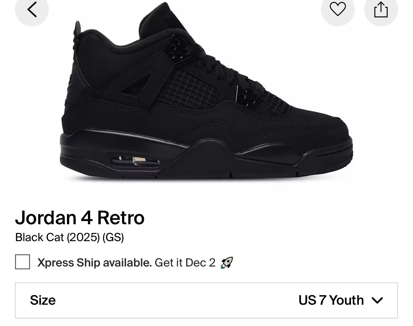 Jordan Retro 4 “Black Cat” 7Y 