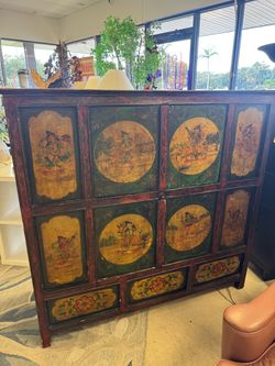 Late 1800’s Antique Tibetan Hand-Painted Wooden Cabinet- 56” x 20” x 53”