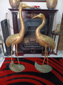 Huge Vintage Brass Crane Pair – 50" & 45" Tall – Hollywood Regency Heron Sculptures