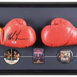 Mike Tyson Signed Custom Framed Set of (2) Everlast Boxing Gloves Display with (3) Original Fight Pins (PSA)