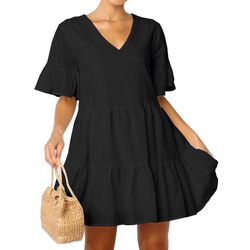 FANCYINN Womens Black Shift Dress with Pockets Fully Lined Bell Sleeve Ruffle Hem V Neck Spring Swing Tunic Mini Dress XL
New with tag 
Will recommend