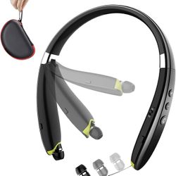 Neckband Bluetooth Headset with Retractable Earbuds, Noise Cancelling Stereo Earphones with Mic, Foldable Wireless Headphones for Sports Exercise