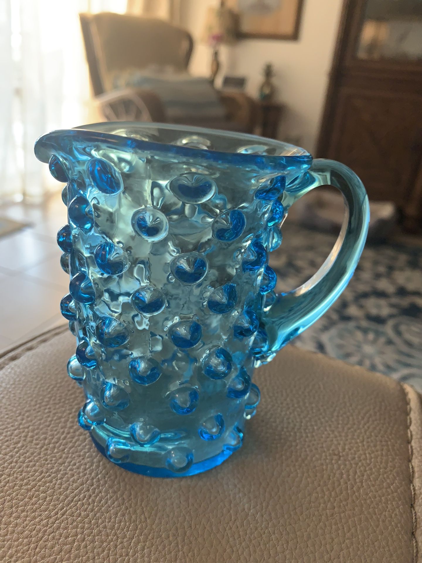 Vintage blue glass hobnail 4” creamer or pitcher No cracks or damage