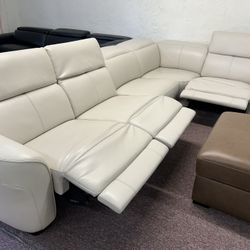 Furniture- 100% Real Top Grain Leather 5 Pc Sectional With 3 Power Recliners- Lexanna 