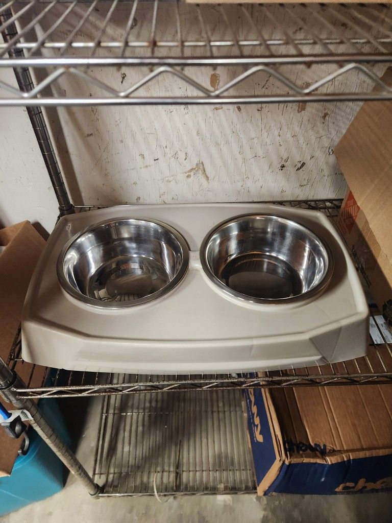 Pet Food And Water Bowl On Base