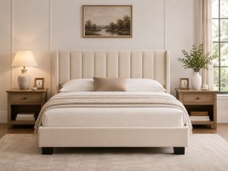 ✨ Brand New King Size Upholstered Platform Bed – Beige Velvet | Modern Vertical Channel Headboard