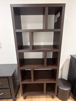 Dark Brown Wood Bookcase with Cube Shelves