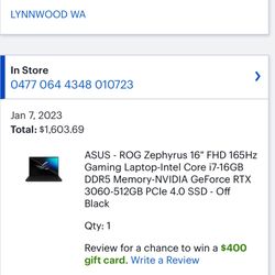 ASUS - ROG Zephyrus 16" FHD 165Hz Gaming Laptop-Intel Core i7-16GB DDR5 Memory-NVIDIA GeForce RTX 30