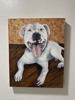 Original Oil Painting Happy White Dog Portrait - Signed Julia, Canvas 16x20
