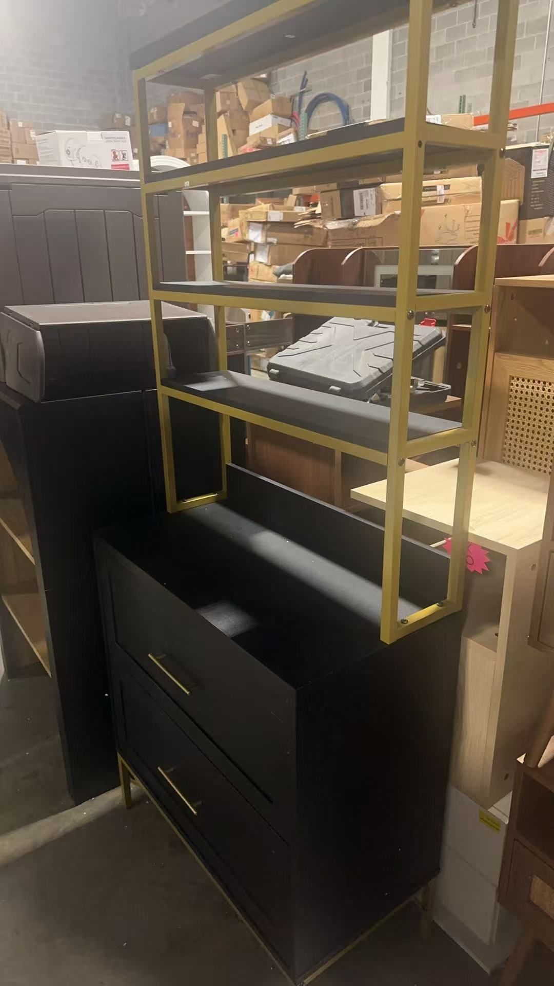 4-Tier Bookshelf, Tall Bookcase with 2 Wooden Drawers, Modern Ladder Book Shlef Storage Organizer for Living Room, Entryway, Office, Black Gold -$ 10