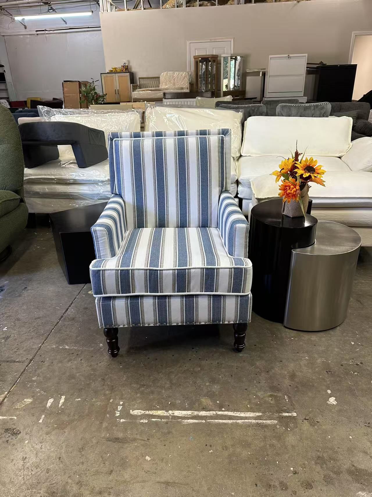 Brand new Accent Chair, Modern Comfy Mid-Century Accent Chairs Upholstered Lounge Armchair with Solid Wood Frame for Living Room/Bedroom-Blue Stripe