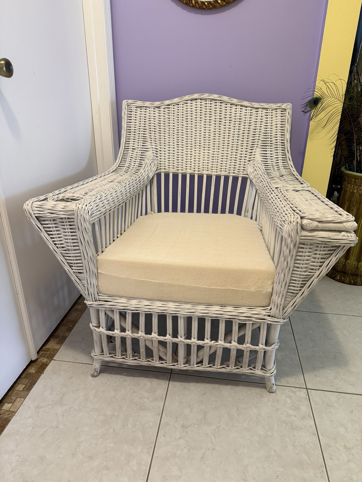 Vintage White Wicker Large Chair With Cup And Magazine Holder