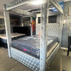 Queen Size Grey Canopy Frame with mattress & Boxspring set