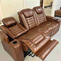 Backtrack Heat And Massage Brown Leather Reclining Sofa, Brown Leather Reclining Loveseat, Brown Leather Recliner Color Options 