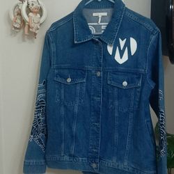 MAJE BALTIRIDE Embroidered Tigers Graphic Denim Blue Jean Jacket Size 40
