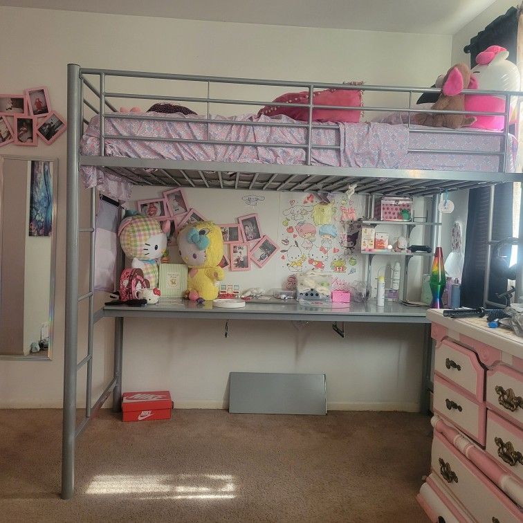 Gray Metal Twin Bed With Desk Underneath 