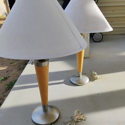 Pair Vintage Tall Table Lamps Silver & Wood
