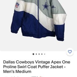 Dallas Cowboys Vintage Apex One
Proline Swirl Coat Puffer Jacket -
Men's Medium