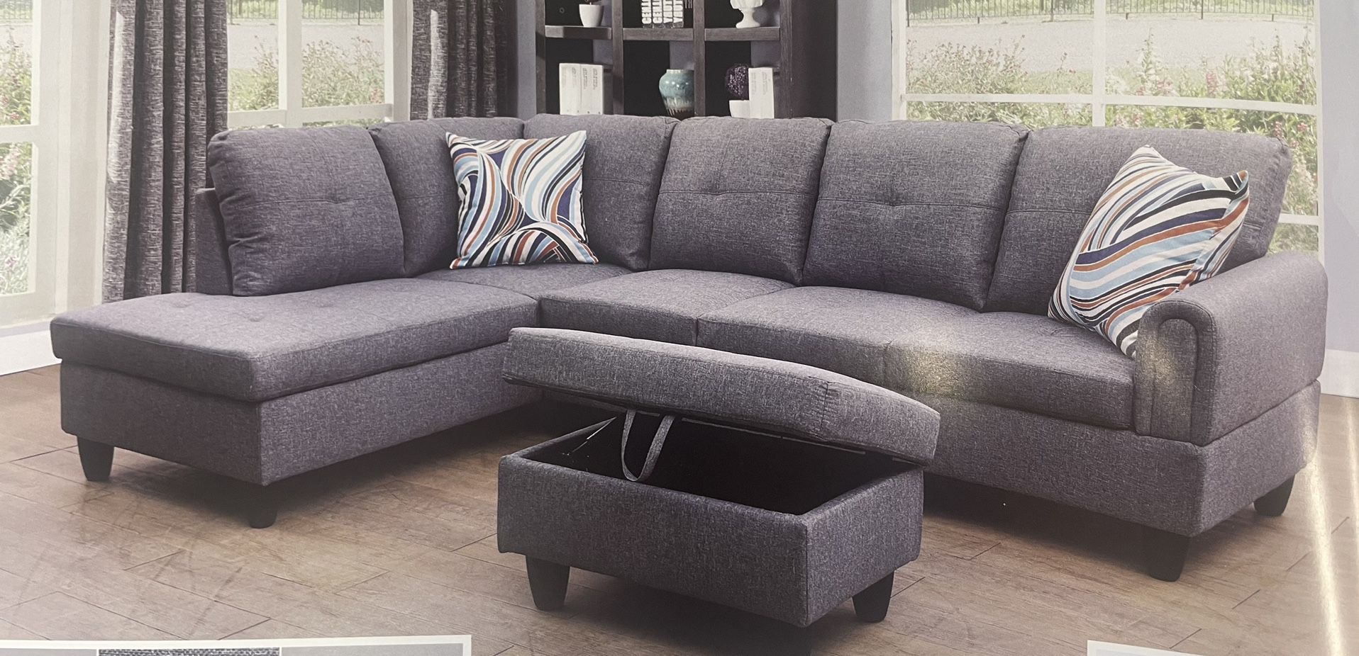Modern Style Grey Linen Sectional Couch And Ottoman