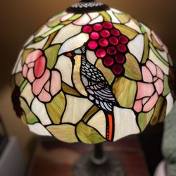 Set Of 6 Vintage Stained Glass Lamps. 1 Hanging Shade, 2 Ceiling Lights With Frames, 1 Large Pole Lamp Shade, 2 Table Lamps