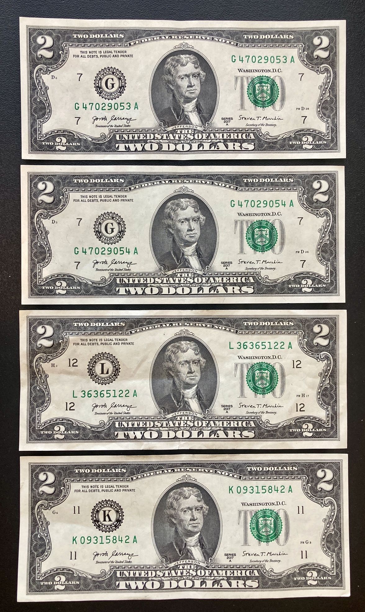 Four (4) Two Dollar Bills, rarely Found, Series 2013 and 2017 HARD To Find $2 Bill