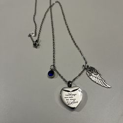 Your Wings were ready But always on my heart charm wilth blue stone and rosewing charm and chain 22in