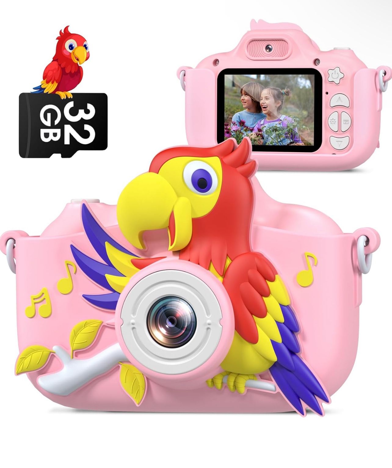 Brandnew Kids Camera, Parrot Toddler Digital Camera for Ages 3-12 Boys Girls, Christmas Birthday Gifts, Selfie 1080P Camera for 3 4 5 6 7 8 9 Years Ol